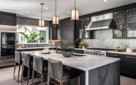 Modern gray kitchen features dark gray flatの素材