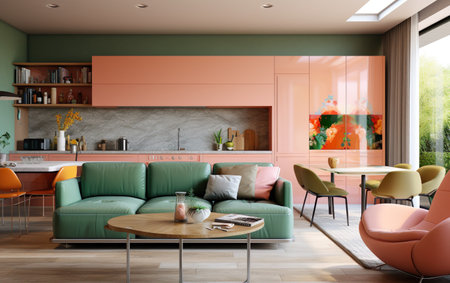 Modern green kitchen design with stone apron and sofaの素材