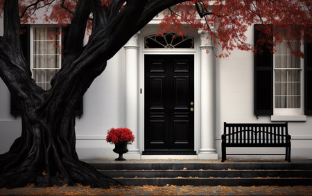 Black front door of white house tree and benchの素材