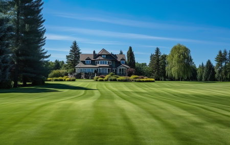Landscape with large country house. Large mowed lawn and blue skyの素材