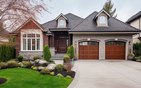 Luxury house exterior with brick and siding trimの素材