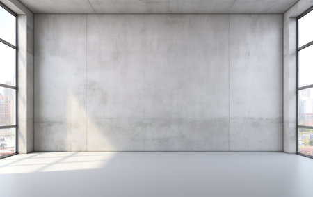 Blank white wall in concrete office with large windの素材