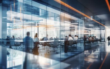 Modern open space office interior with blurred businessmanの素材