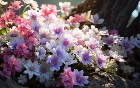 Close up of pink purple and white spring flowersの素材