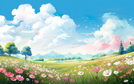 Illustration of a flower meadow in springの素材