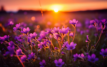 Close-up of purple flowers growing on field duringの素材