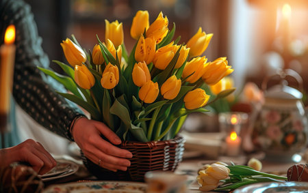 Hands of woman arranging yellow tulips at easter dinnerの素材