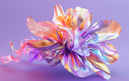 A colorful flower made of shiny fabric. The flower is made of many different colors and looks like it is floating in the airの素材