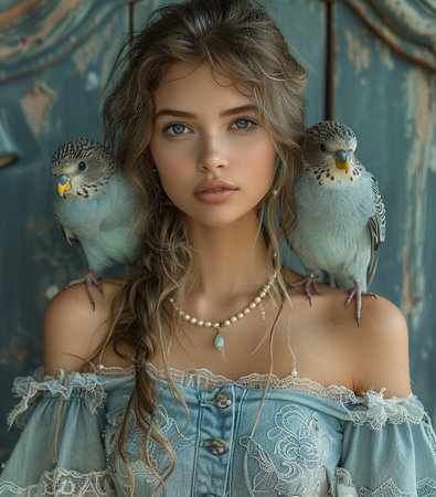 A woman is holding two birds on her shoulders. The birds are blue and white. The woman is wearing a blue dress with lace detailing. The image has a light and playful moodの素材