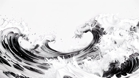 A wave crashing on a white background. The wave is large and powerful, with foam and spray coming off of it. The mood of the painting is intense and dramaticの素材