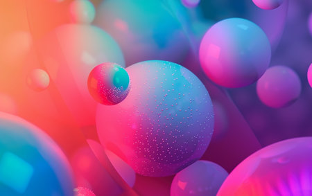 A colorful image of many different colored spheres. The spheres are all different sizes and are scattered throughout the image. Scene is one of fun and creativityの素材