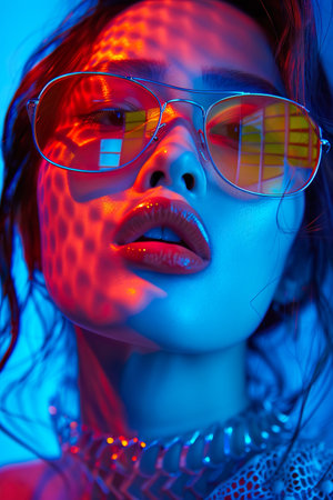 A woman with red lips and sunglasses is the main focus of the image. The photo is in a blue and red color scheme, giving it a vibrant and energetic feelの素材