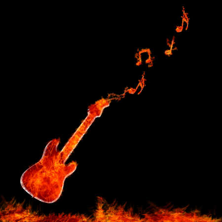 Illustration with flame guitar on black background の写真素材