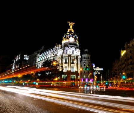  Traffic lights on Gran via street, main shopping street in Madrid at night  Spain, Europe のeditorial素材