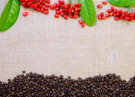 Coffee beans on the table with a burlap の写真素材