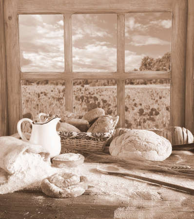 Ingredients on the table of the bakery の写真素材