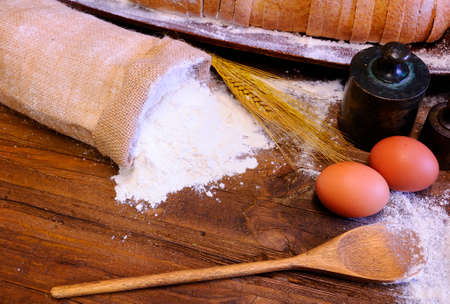 Ingredients of bakery on the kitchen table.の写真素材