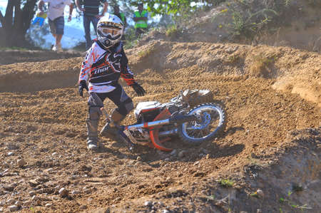NAVA, SPAIN - OCTOBER 18: Ribuli motocross in October 18, 2014 in Nava, Spain. Motorcycle Rider Alejo Peral Lopez in the bike race.のeditorial素材
