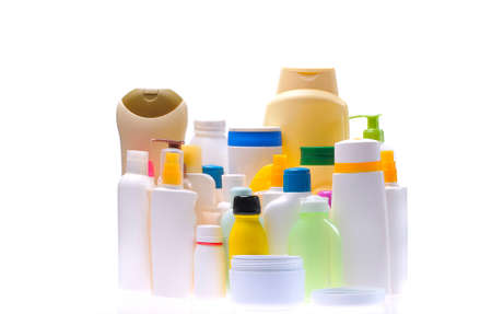 Various cosmetic jars isolated on white background.の写真素材