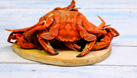 Velvet crabs for cooking on wooden table in the kitchenの写真素材