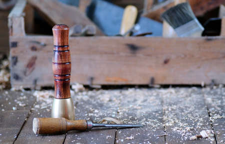 Carpenter tools on a work bench carpentry.