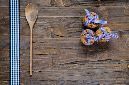 Homemade cookies on wooden table in the kitchenの写真素材