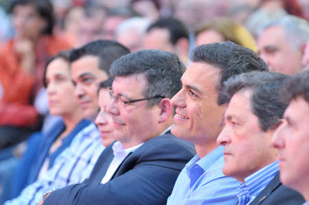 GIJON SPAIN  MAY 8: Rally of the Spanish Socialist Workers' Party PSOE in May 8 2015 in Gijon Spain. Pedro Sanchez secretary general of the Spanish Socialist Workers' Party PSOE and Javier Fernndez candidate of PSOE for Asturias.のeditorial素材