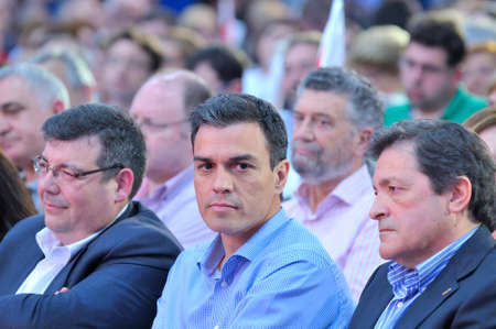 GIJON SPAIN  MAY 8: Rally of the Spanish Socialist Workers' Party PSOE in May 8 2015 in Gijon Spain. Pedro Sanchez secretary general of the Spanish Socialist Workers' Party PSOE and Javier Fernndez candidate of PSOE for Asturias.のeditorial素材
