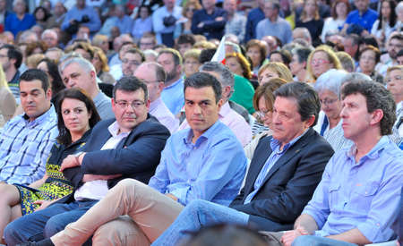 GIJON SPAIN  MAY 8: Rally of the Spanish Socialist Workers' Party PSOE in May 8 2015 in Gijon Spain. Pedro Sanchez secretary general of the Spanish Socialist Workers' Party PSOE and Javier Fernndez candidate of PSOE for Asturias.のeditorial素材