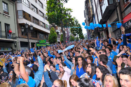 OVIEDO SPAIN  MAY 31: Fans of Real Oviedo celebrate the rise to Liga Adelante of Spanish Football League after winning 01 against Cdiz CF in May 31 2015 in Oviedo Spain.のeditorial素材