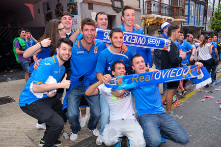OVIEDO SPAIN  MAY 31: Fans of Real Oviedo celebrate the rise to Liga Adelante of Spanish Football League after winning 01 against Cdiz CF in May 31 2015 in Oviedo Spain.のeditorial素材