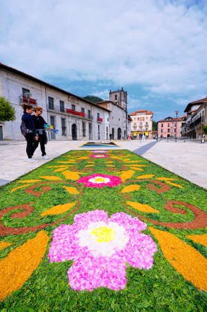 PRAVIA, SPAIN - JUNE 4: Carpets of flowers for the celebration of Corpus Christi  in June 4, 2015 in Pravia, Spain. During the past two months, fifty housewives have been working with flowers, wood chips and tinted salts.のeditorial素材