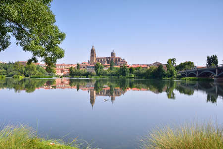 View of the Cathedral of Salamanca from the river Tormesの写真素材