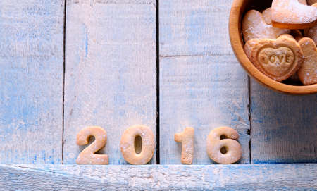 2016 homemade cookies on wooden table in the kitchenの写真素材