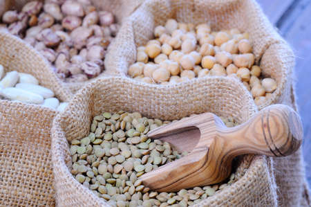 Close-up of different types of cereals assorted in bags.の写真素材