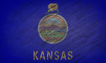 Close-up of national Kansas state flag painted with colored chalk on a blackboard. 3D renderingの写真素材