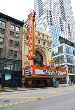 CHICAGO, ILLINOIS - JULY 16: The famous Chicago Theater on State Street on July 16, 2017 in Chicago, Illinois. Opened in 1921, the theater was renovated in the 1980's and is now owned by Madison Square Garden Inc.のeditorial素材