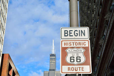 Route 66 sign, the beginning of historic Route 66, leading through Chicago, Illinois.の写真素材