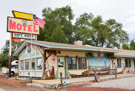 Seligman, Arizona - July 24, 2017: Azteca Motel sign on Historic Route 66. The town of Seligman retains all the flavor of the historic Route 66.のeditorial素材