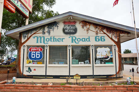Seligman, Arizona - July 24, 2017: Azteca Motel sign on Historic Route 66. The town of Seligman...