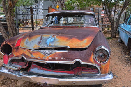 Hackberry, Arizona, Usa July 24, 2017: Red old abandoned Desoto car at Hackberry General Store, Arizona along historic route 66.のeditorial素材