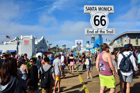 Santa Monica, CA, USA - July 27, 2017: Route 66 end sign on the Santa Monica Pier in Santa Monica, California.のeditorial素材