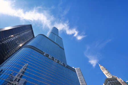 Chicago, USA - July 15, 2017: Trump Tower skyscraper building on Chicago River. Trump International Hotel and Tower, also known as Trump Tower Chicago and Trump Tower, is a skyscraper hotel in downtown Chicago, Illinois.のeditorial素材
