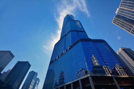 Chicago, USA - July 15, 2017: Trump Tower skyscraper building on Chicago River. Trump International Hotel and Tower, also known as Trump Tower Chicago and Trump Tower, is a skyscraper hotel in downtown Chicago, Illinois.のeditorial素材