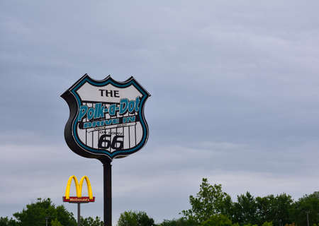 BRAIDWOOD, IL - USA - JULY 16: Sing of the Polk-a-Dot (polka dot) Drive In, on Route 66, on July 16, 2017, in Braidwood, Illinois. In the background you can see the MacDonalds sign.のeditorial素材