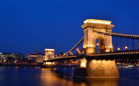 Szechenyi Chain bridge over Danube river, Budapest city, Hungary.の写真素材
