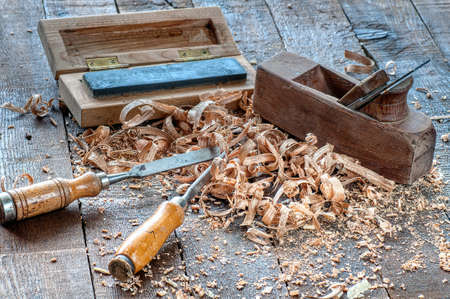 Carpenter tools on a work bench carpentry.