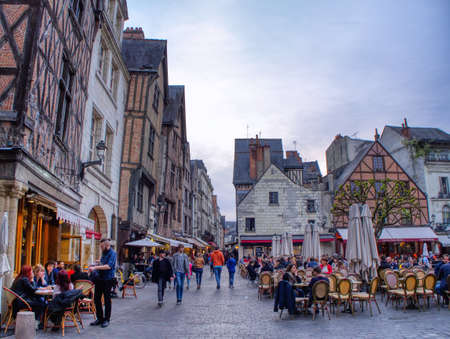 Tours, France - April 17, 2019: View of Plumereau square in medieval city of Tours. Capital of the...