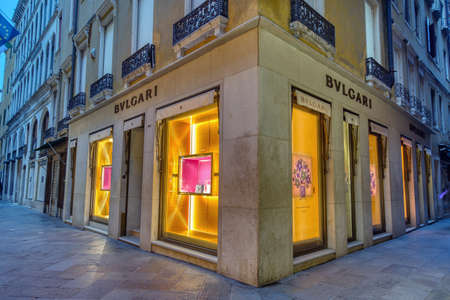 Venice, Italy - October 15, 2019: Facade of BVLGARI store on Venice, Italy. A BVLGARI jewelry watch...