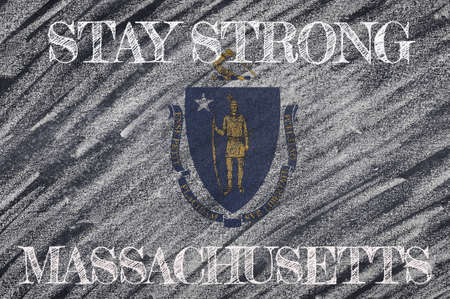 COVID-19 warning. Quarantine zone Covid 19 on Massachusetts ,flag illustration. Coronavirus danger area, quarantined country. Stay strong.の写真素材